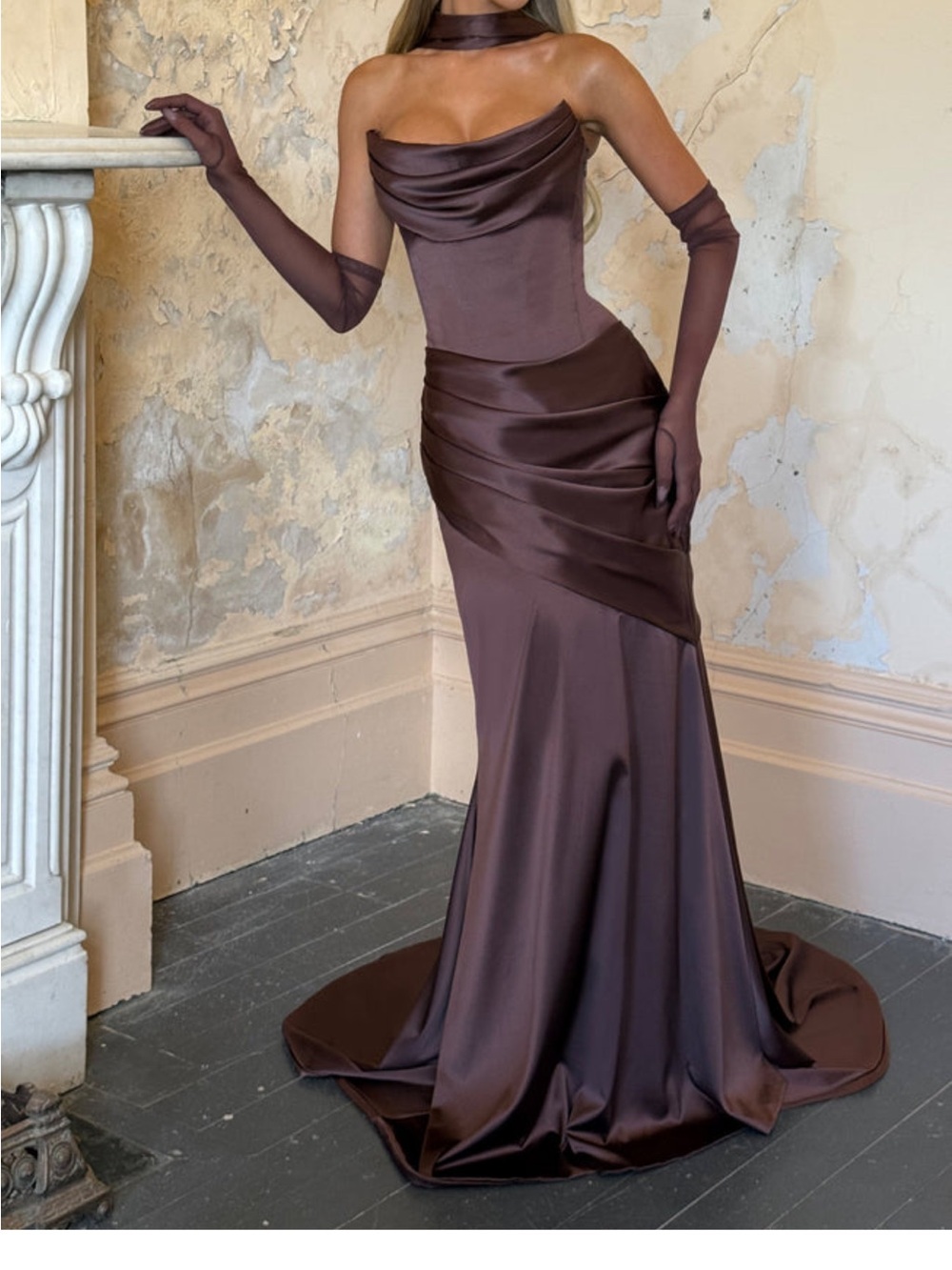 Satin Chocolate Brown Strapless Prom Gown with Gloves